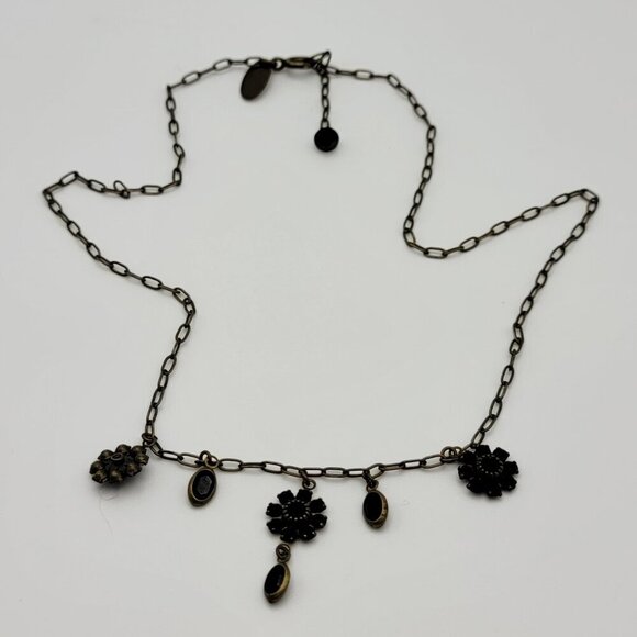 Liz Palacios S.F. Black Crystal Flower Charm Necklace 17 In Brass Spring Ring - Picture 2 of 9